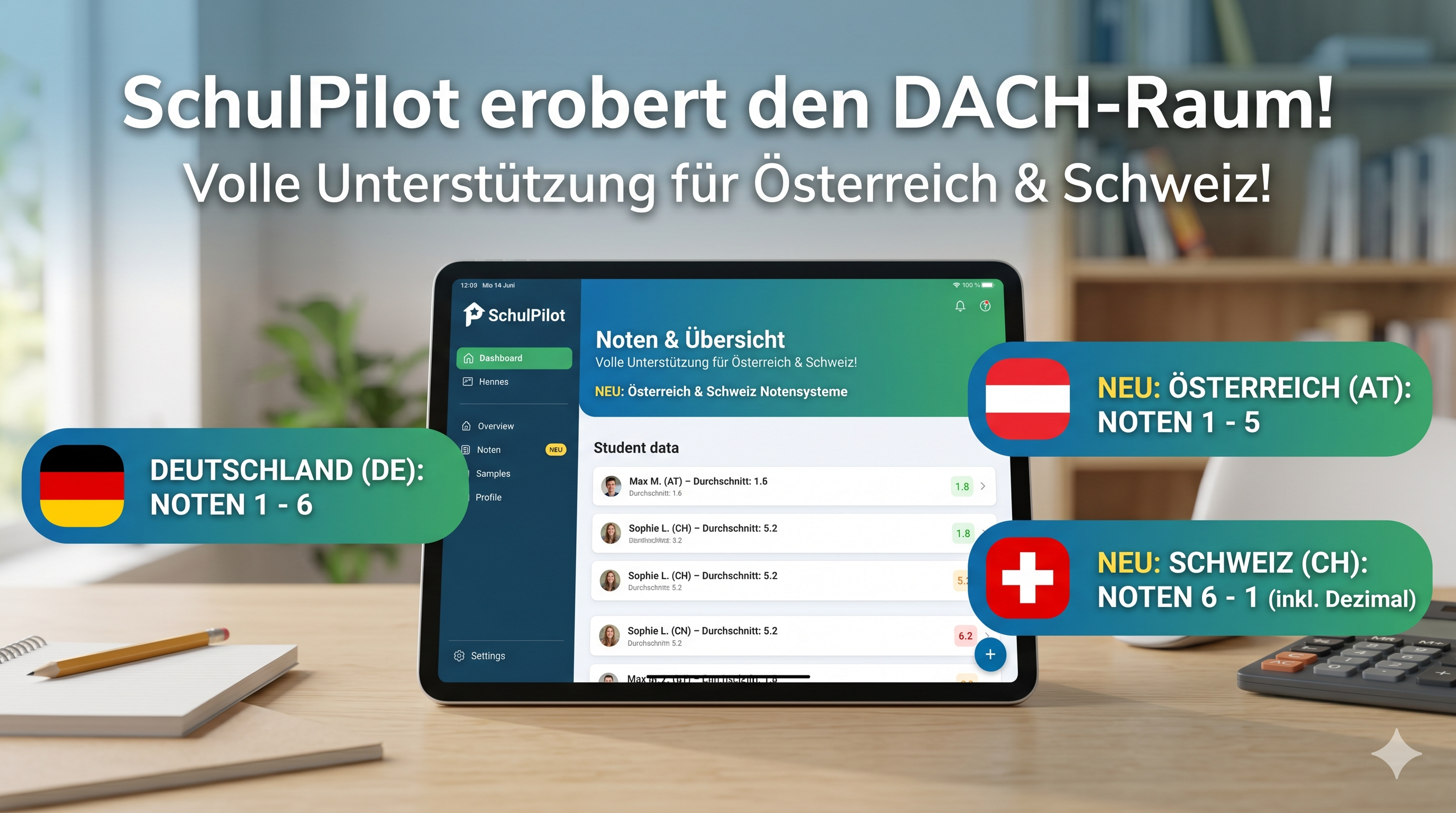 SchulPilot erobert den DACH-Raum: Volle Unterstützung für Notensysteme aus Österreich und der Schweiz