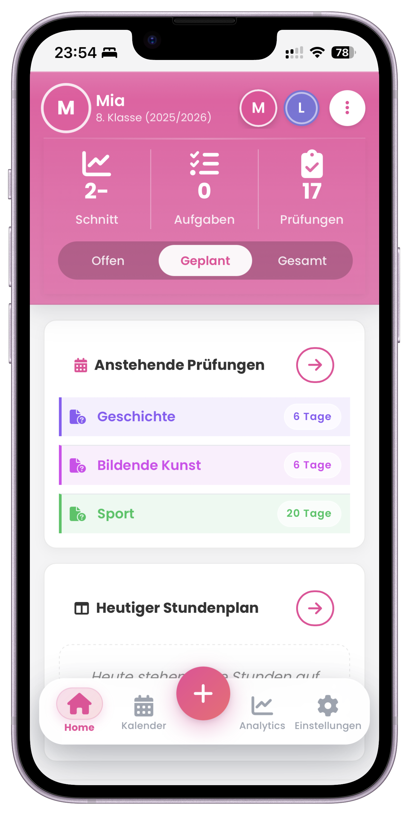 SchulPilot App – Dashboard mit Notenübersicht