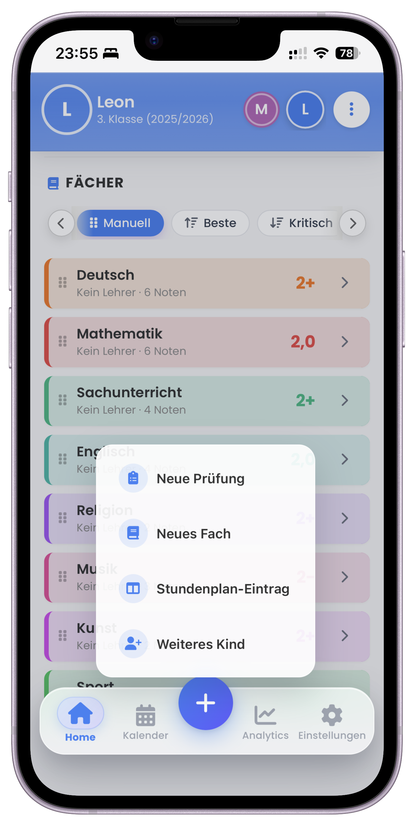 FAB Schnell-Aktionsmenü mit Neue Prüfung, Neues Fach, Stundenplan