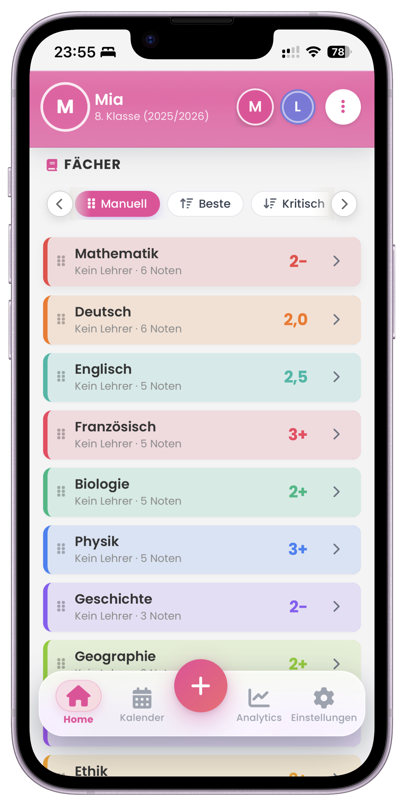 Fächerliste mit Notenfarben und Sortier-Pills